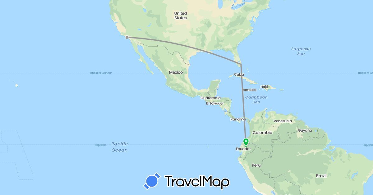 TravelMap itinerary: driving, bus, plane in Ecuador, United States (North America, South America)